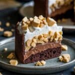A delicious slice of the Best Butterfinger Cake Recipe topped with whipped cream and Butterfinger pieces.