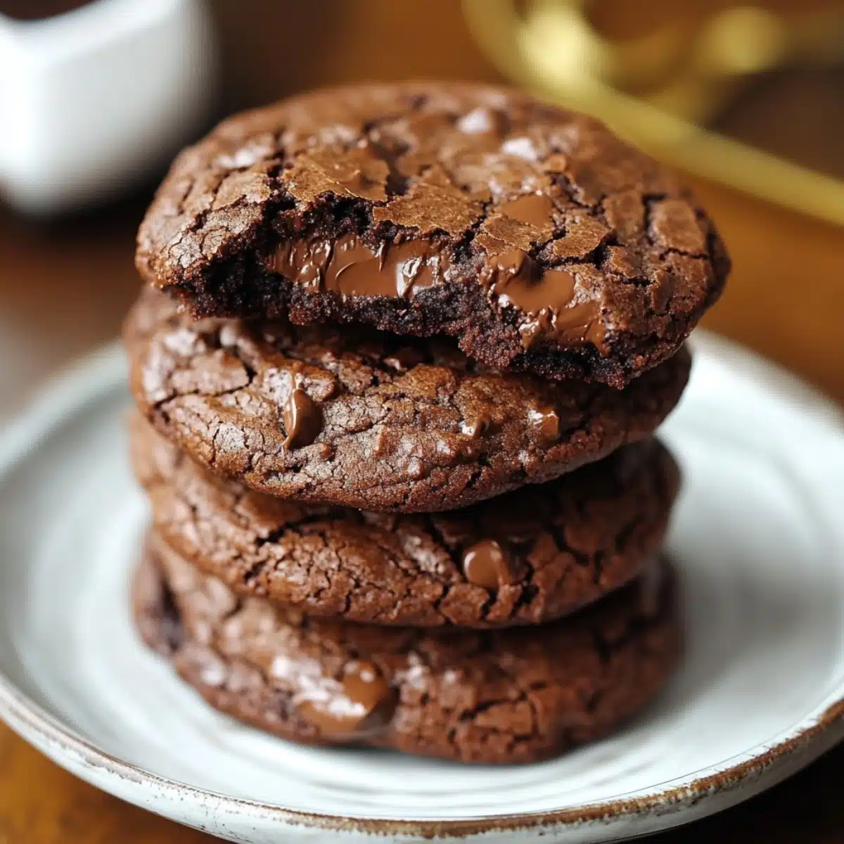 Stack of four fudgy brownie cookies on a rustic plate, with the top cookie bitten to reveal a gooey, melted chocolate center. Warm lighting and cozy background.