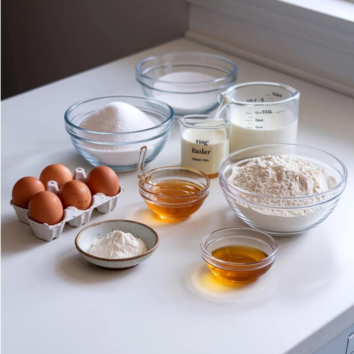A collection of ingredients for the Easy Castella Cake Recipe, including eggs, flour, sugar, milk, and honey, displayed in glass bowls on a bright kitchen countertop.