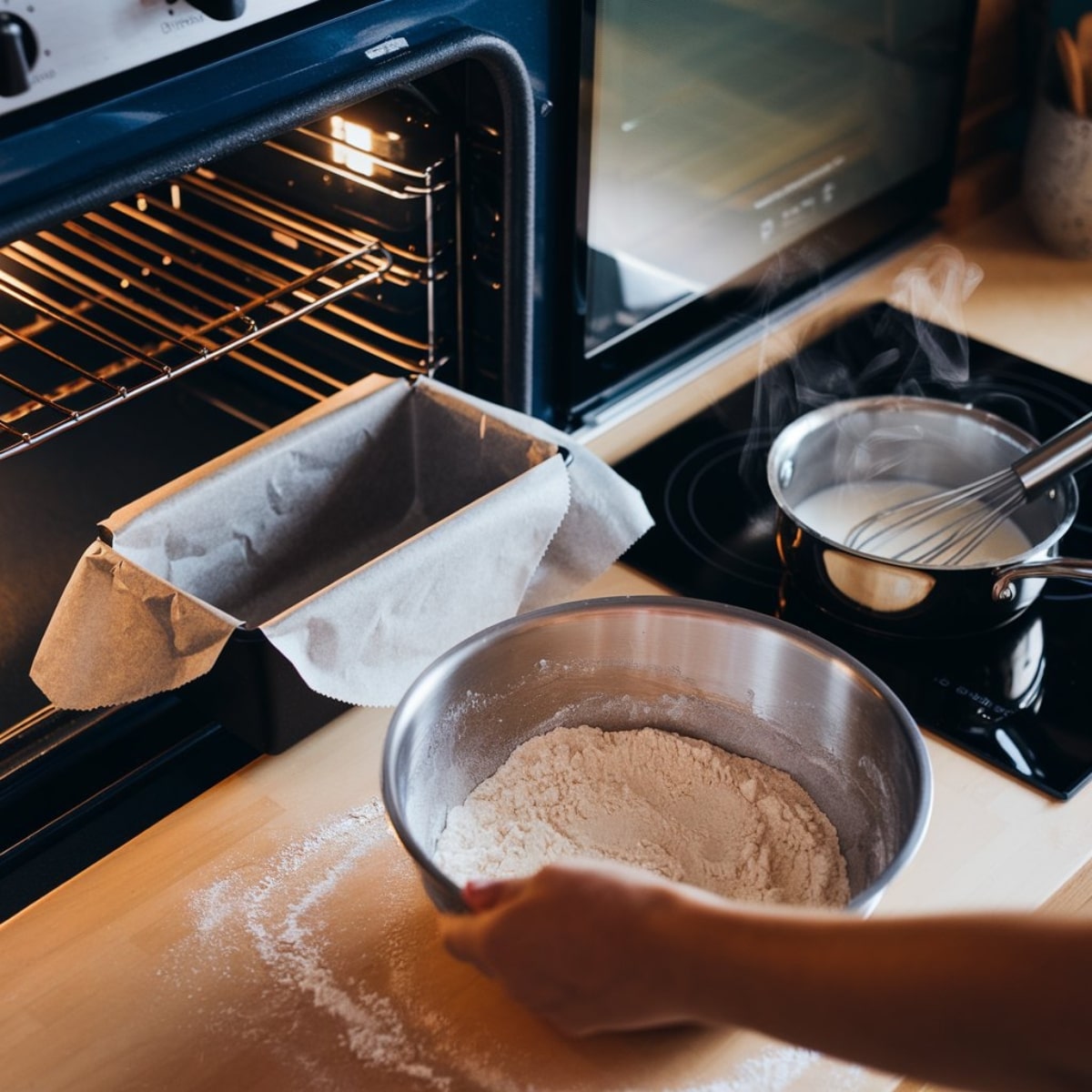 An oven preheated to 320°F with a parchment-lined loaf pan ready on the counter, alongside a mixing bowl with flour being prepared for the Easy Castella Cake Recipe.