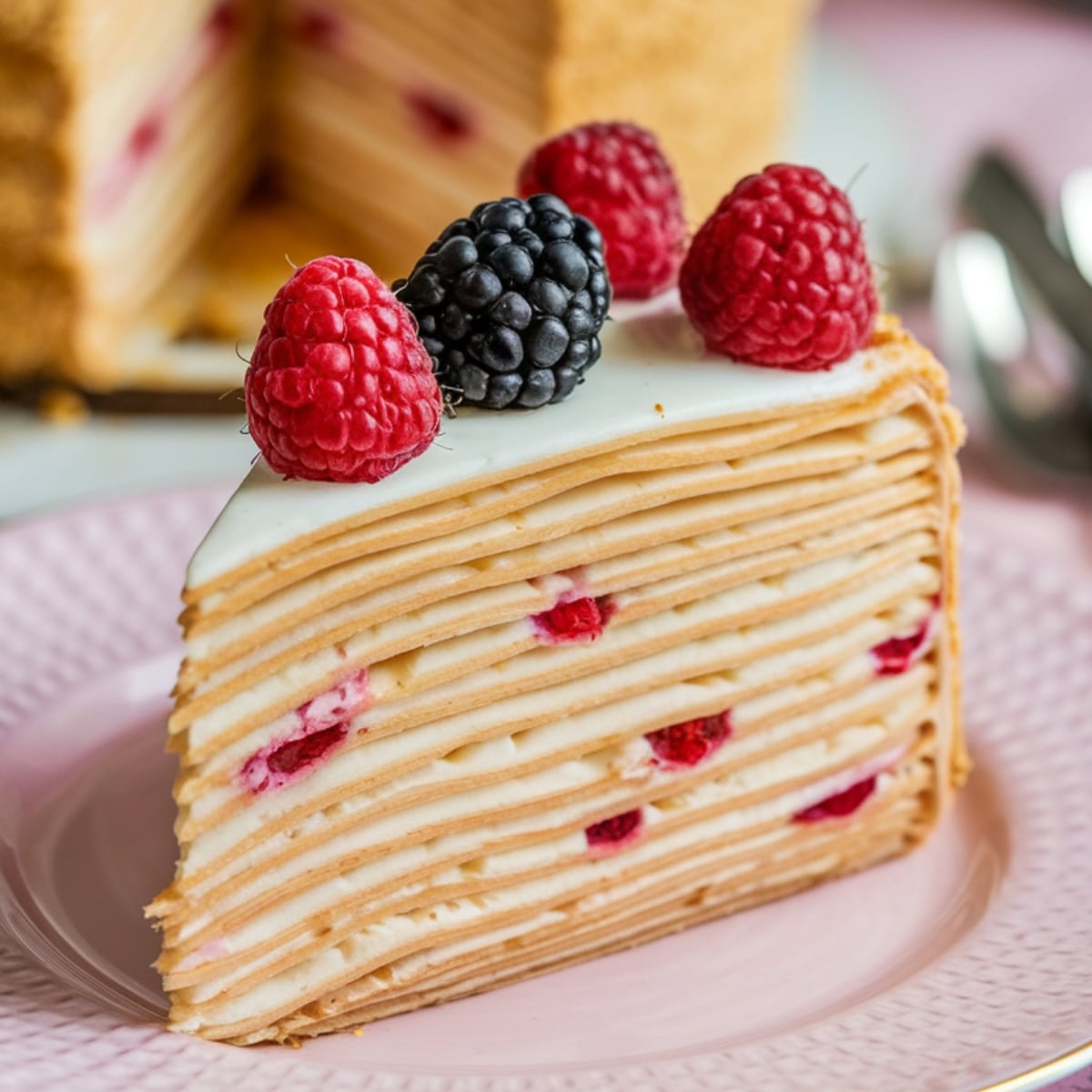 Close-up of a slice of Mille Crepe Cake, featuring thin layers of crepes and creamy filling, topped with fresh raspberries and blackberries. This delicious Crepe Cake Recipe is elegantly presented on a pink plate with a soft and inviting texture.