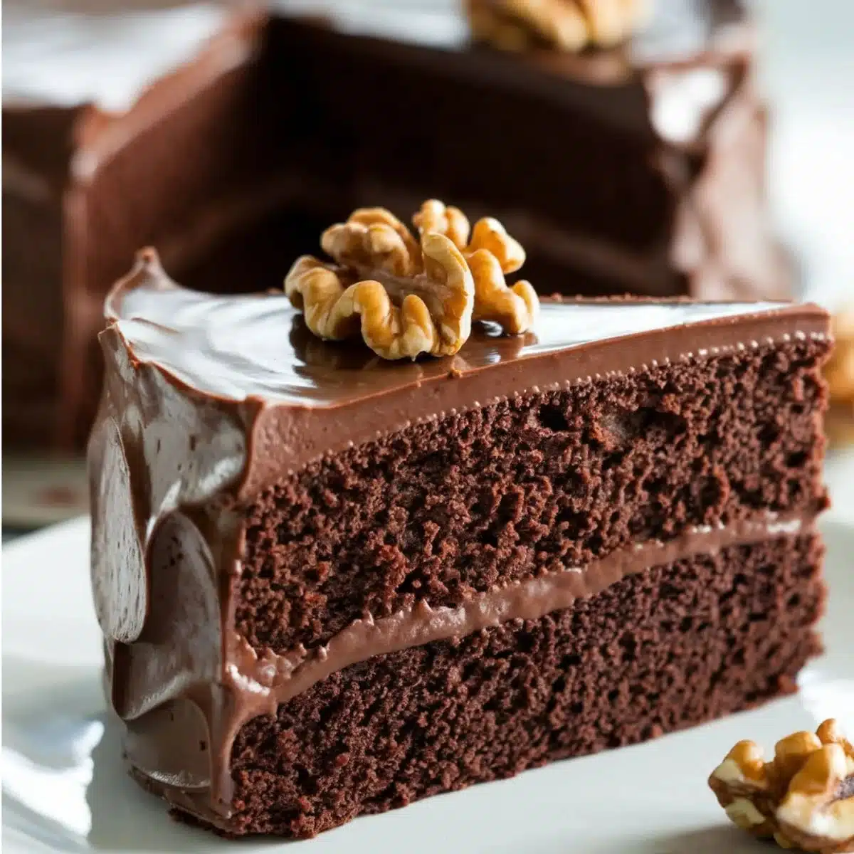 A rich and moist slice of Coca Cola Cake Recipe topped with a walnut, layered with chocolate frosting.