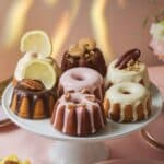 A beautifully arranged selection of mini Bundt cakes showcasing a variety of toppings and glazes, including lemon slices, pecans, and chocolate drizzle, displayed on a white cake stand. A perfect visual for a mini Bundt cakes recipe in an elegant setting.