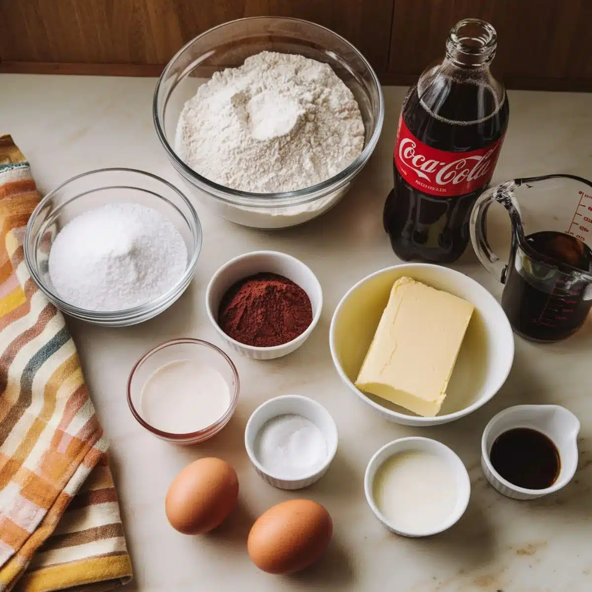 All the ingredients for a Coca Cola Cake Recipe displayed, including flour, eggs, butter, sugar, cocoa powder, and Coca-Cola.