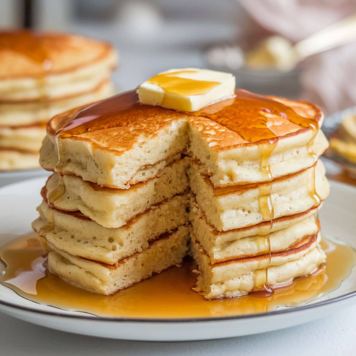 A stack of golden brown hoe cakes topped with a pat of butter and drizzled with maple syrup, served on a white plate. The texture of the cakes is light and fluffy, with syrup pooling around the base.