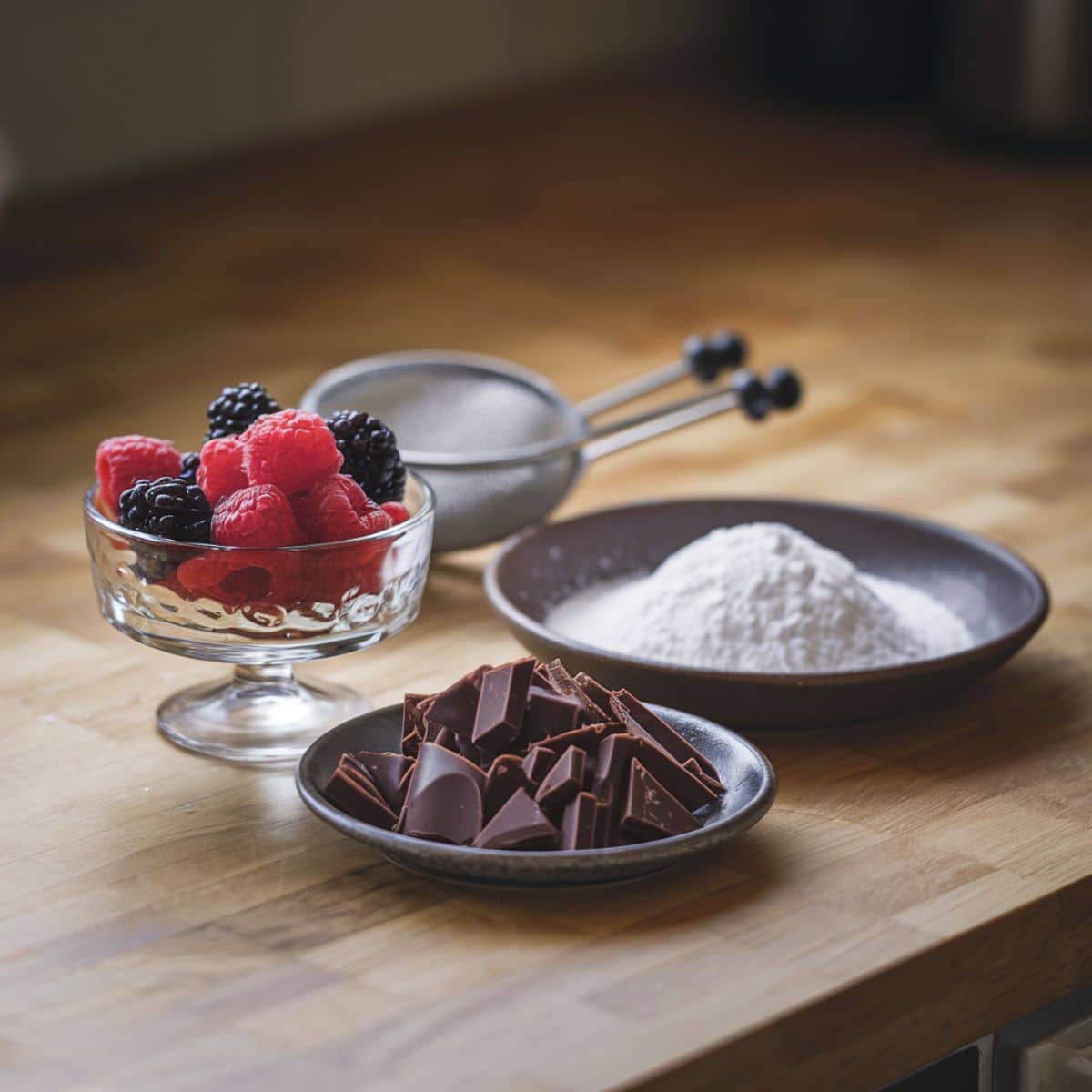 An arrangement of garnish ingredients for a Crepe Cake Recipe, featuring fresh raspberries and blackberries in a glass bowl, a sifter with powdered sugar, and dark chocolate shavings on a plate. The ingredients are placed on a wooden countertop with natural lighting, ready to decorate the cake.