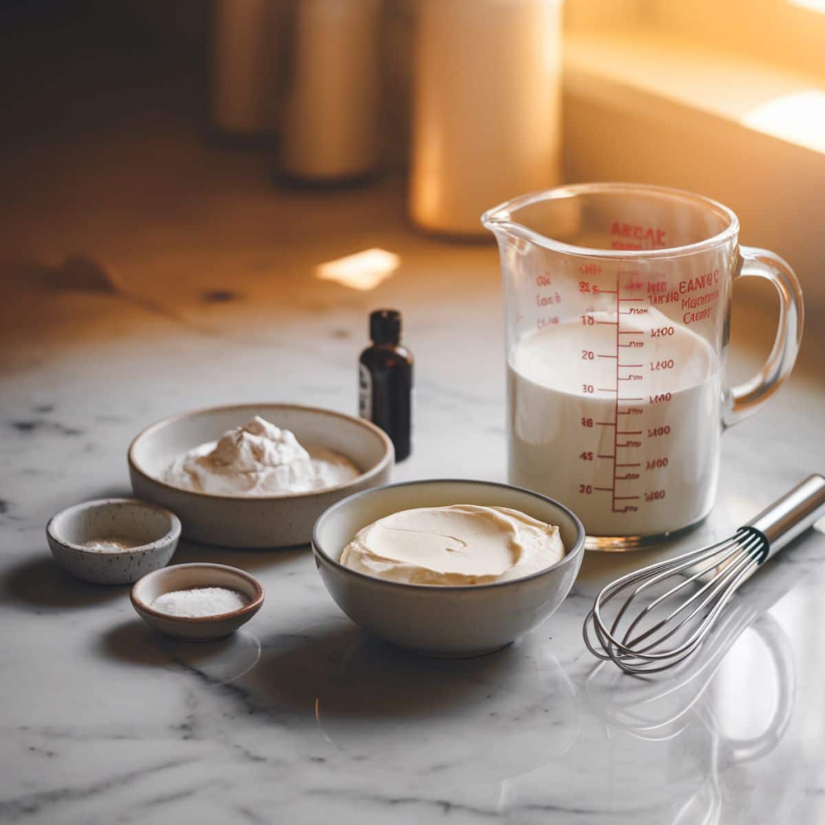 A set of ingredients for the filling of a Crepe Cake Recipe, including heavy cream, mascarpone cheese, powdered sugar, vanilla extract, and salt, arranged on a marble countertop. A whisk is placed next to the ingredients, with warm sunlight creating a cozy kitchen atmosphere.
