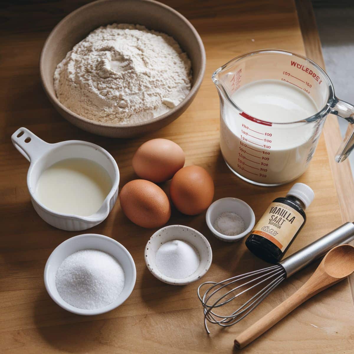 An arrangement of ingredients for making the crepes in a Crepe Cake Recipe, including sifted flour, milk, eggs, sugar, salt, and vanilla extract on a wooden countertop. A whisk and wooden spoon are nearby, and the ingredients are set against a warm, inviting kitchen background.