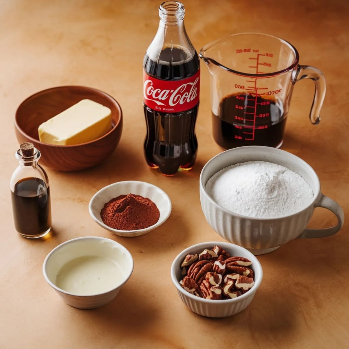 A close-up of the ingredients for Coca Cola Cake Recipe, featuring butter, powdered sugar, cocoa powder, and a Coca-Cola bottle.