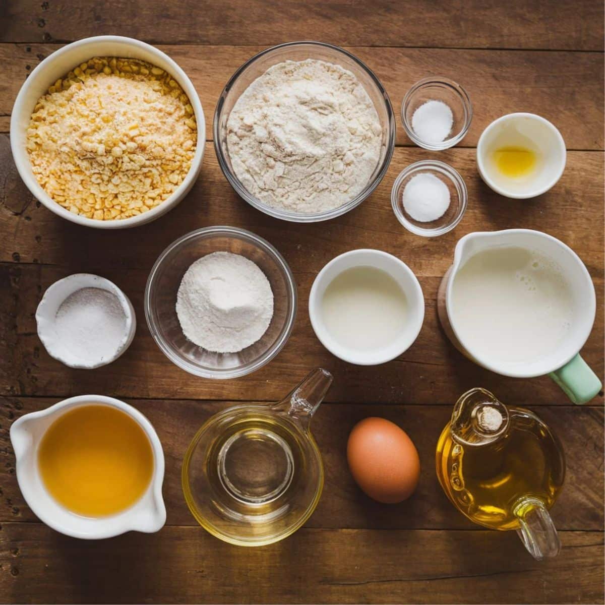 A flat-lay of ingredients for a hoe cakes recipe arranged on a wooden surface, including bowls of cornmeal, all-purpose flour, sugar, and salt, along with jugs of buttermilk and vegetable oil, a single egg, and small dishes of water and other seasonings. The rustic setup highlights the simplicity of the recipe.