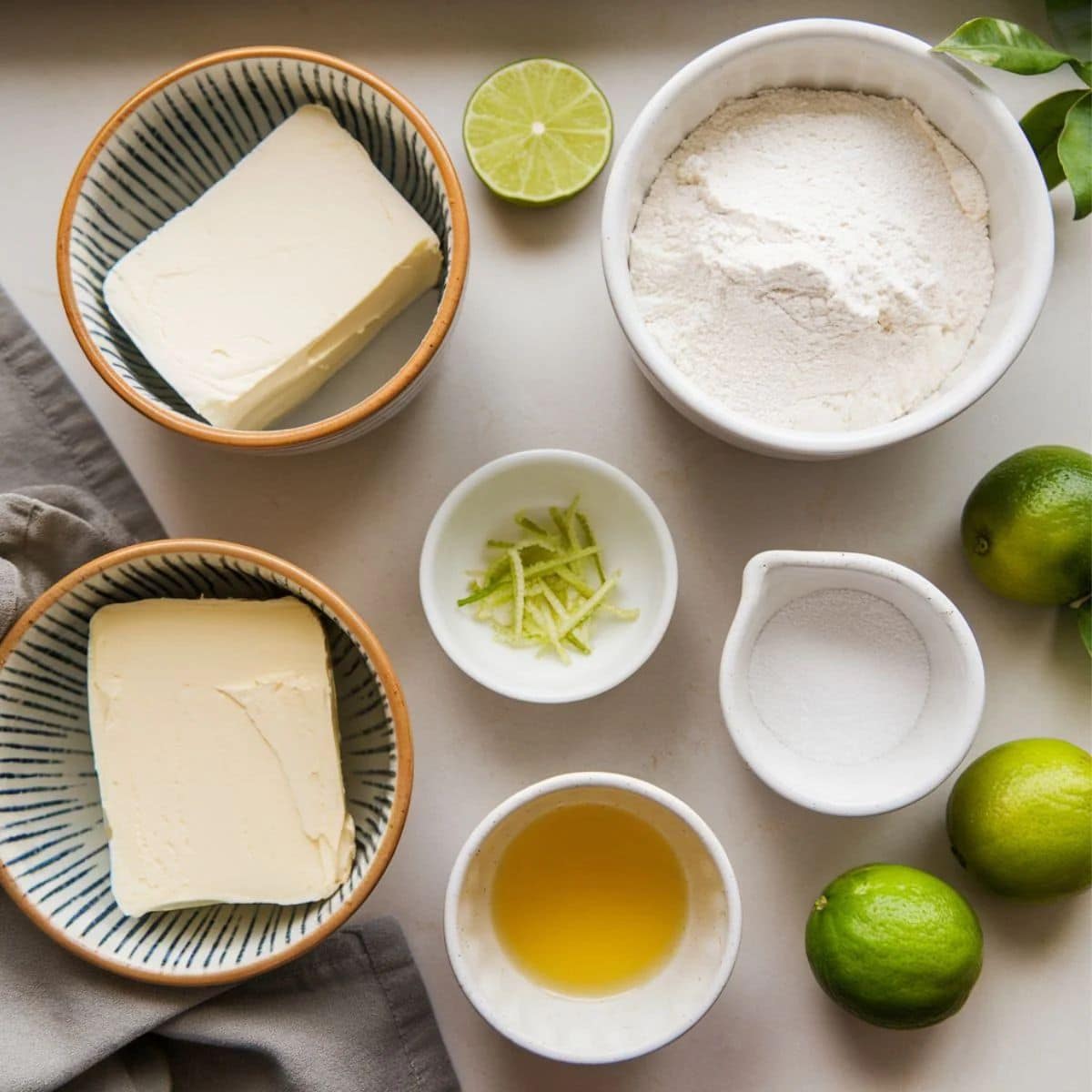 A selection of ingredients for a Key Lime Cake Recipe, including butter, lime zest, fresh limes, flour, sugar, and other baking essentials, arranged on a light countertop for preparation.