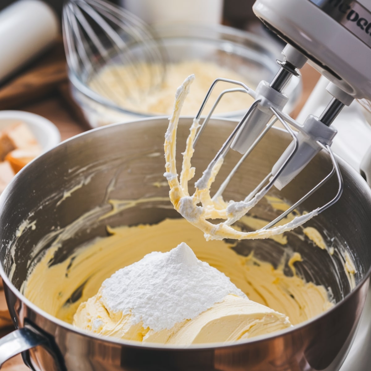 A mixing bowl with cream cheese, butter, and powdered sugar being blended, with a mixer and kitchen tools in the background, highlighting the preparation of the creamy layer for the Oreo Dirt Cake Recipe.