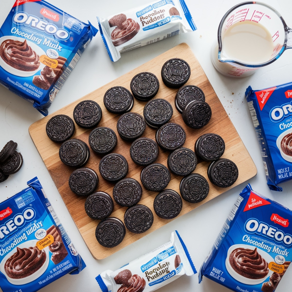 flat-lay of Oreo cookies on a wooden board, surrounded by chocolate pudding mix and a measuring cup of milk, showcasing the main ingredients for the Oreo Dirt Cake Recipe.
