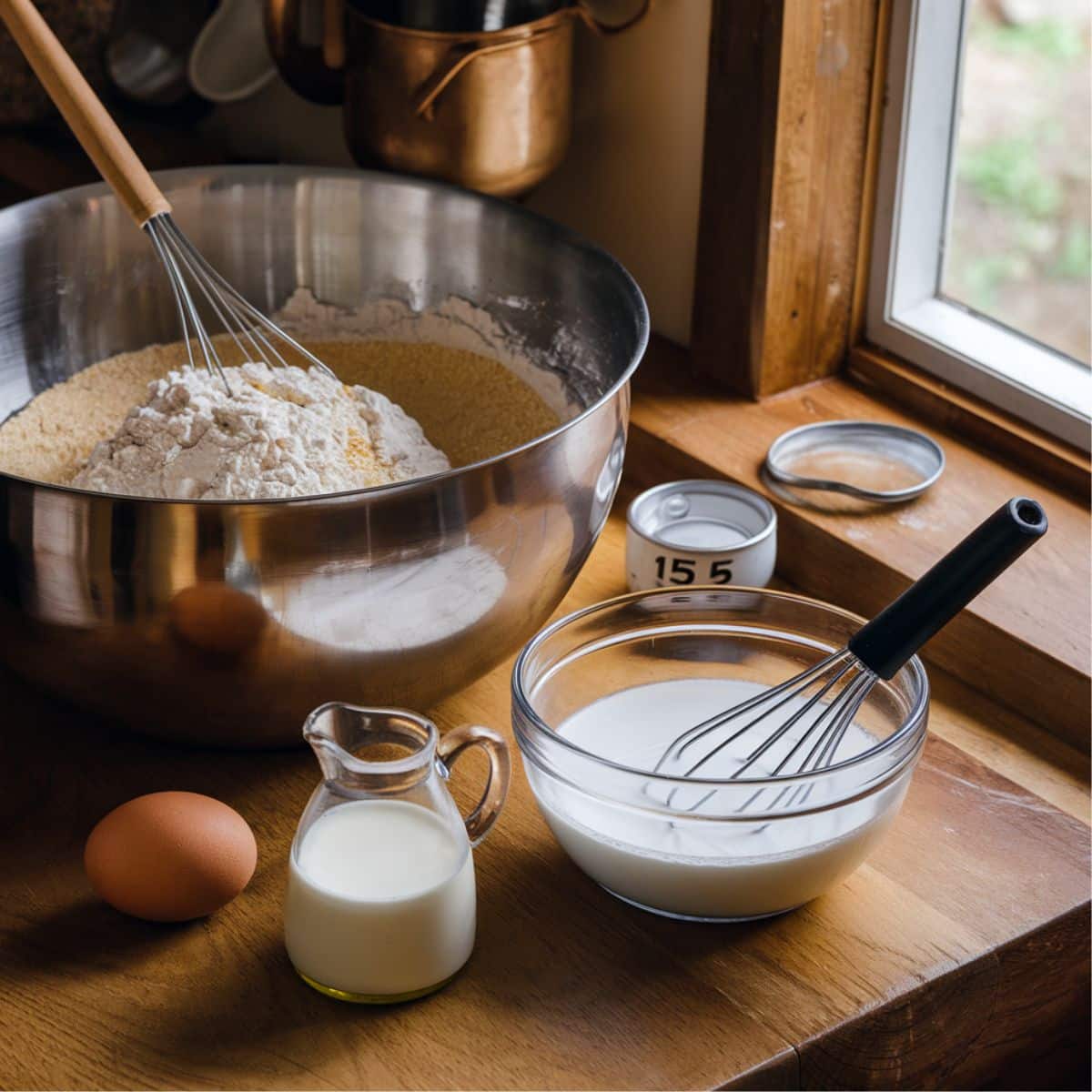 A cozy kitchen scene showing ingredients for a hoe cakes recipe, including a mixing bowl with cornmeal and flour being whisked, a small glass jug of buttermilk, a whole egg, and a bowl of wet ingredients with a whisk. A timer is set for 15 minutes near a sunny window, creating a warm and rustic atmosphere.
