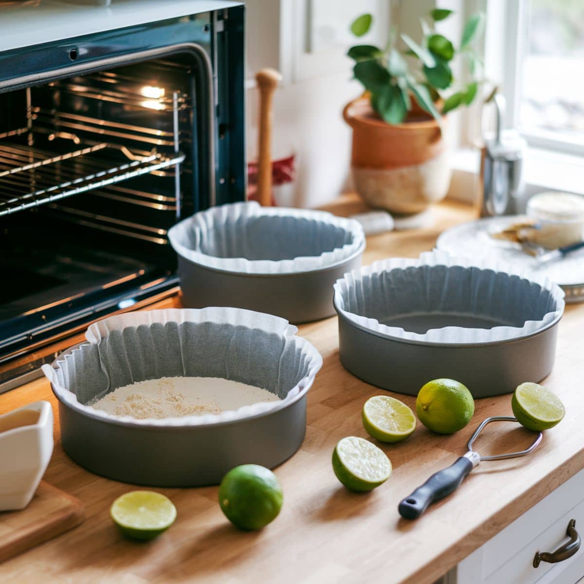 A cozy kitchen setup for a Key Lime Cake Recipe, featuring three 9-inch cake pans lined with parchment paper on a wooden countertop, fresh limes, and zesting tools. The preheated oven is ready for baking, with natural light streaming through the window and a peaceful, inviting atmosphere.