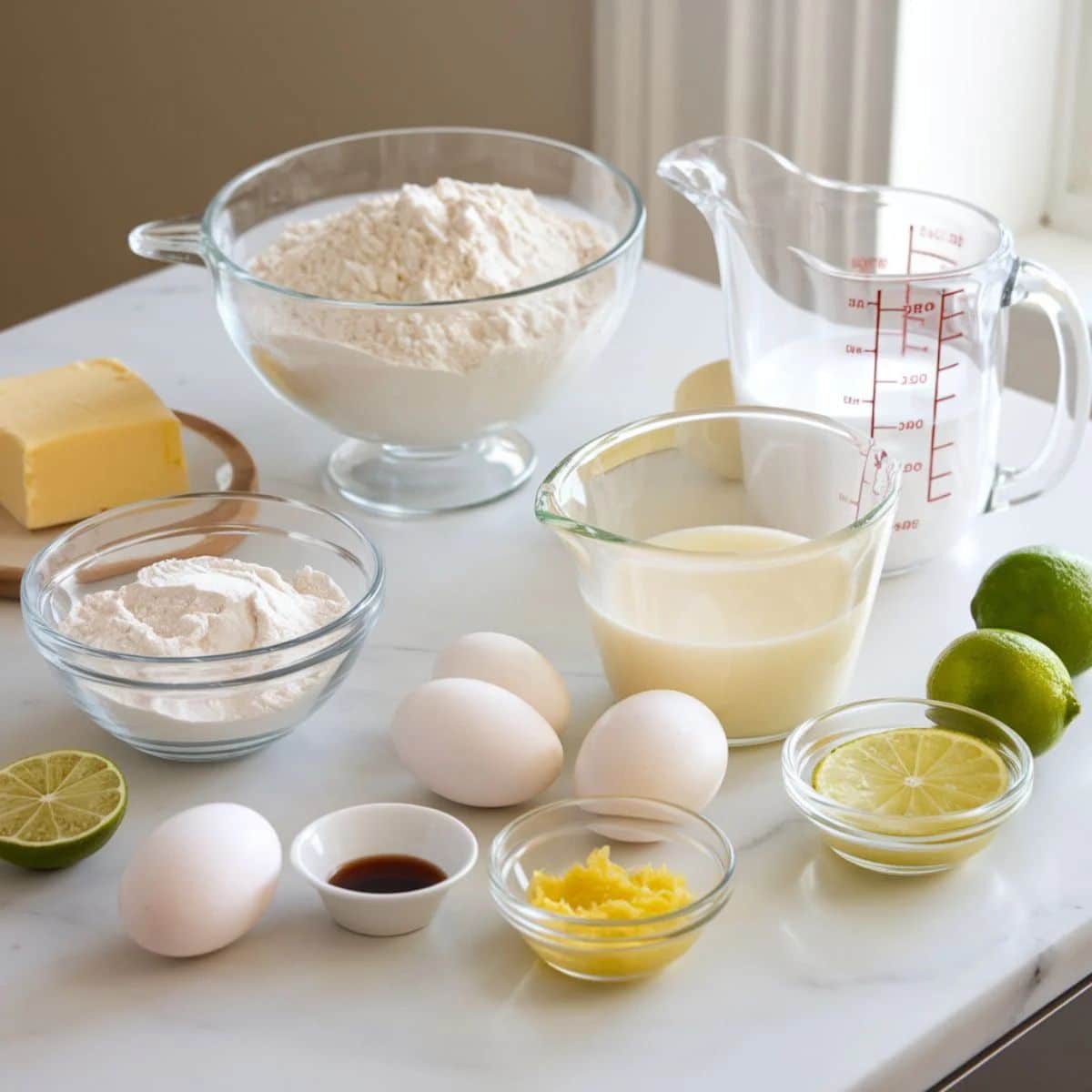 Key ingredients for a Key Lime Cake Recipe, including flour, sugar, eggs, vanilla extract, fresh lime juice, and butter, neatly arranged in bowls on a white surface near a glass measuring jug.