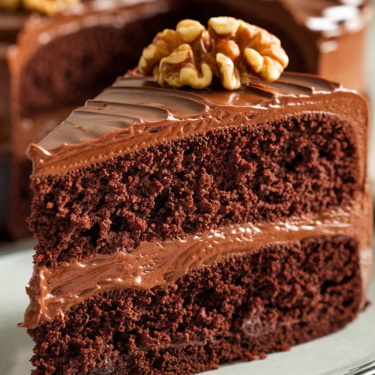 A close-up of a moist chocolate Coca Cola Cake slice with two layers of rich frosting, topped with a walnut, showcasing the perfect Coca Cola Cake Recipe for chocolate lovers.
