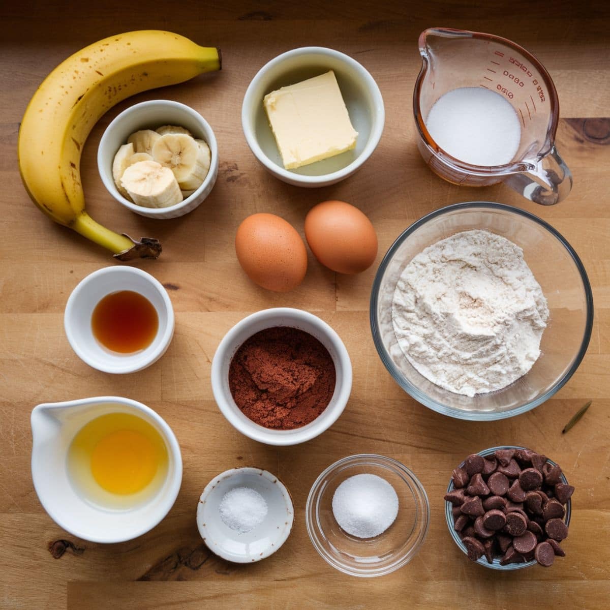 A top-down view of fresh ingredients for a Banana Brownie Recipe, neatly arranged on a wooden kitchen counter. A ripe banana, sliced bananas, cocoa powder, flour, sugar, butter, eggs, vanilla extract, and chocolate chips are displayed, ready to be combined into a rich and fudgy homemade chocolate banana brownie batter.