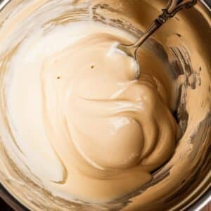 A close-up of a mixing bowl with smooth, creamy cheesecake batter being stirred for a Cream Cheese Brownies Recipe. The rich, velvety texture of the cream cheese mixture will create the perfect swirl in these decadent, fudgy brownies.