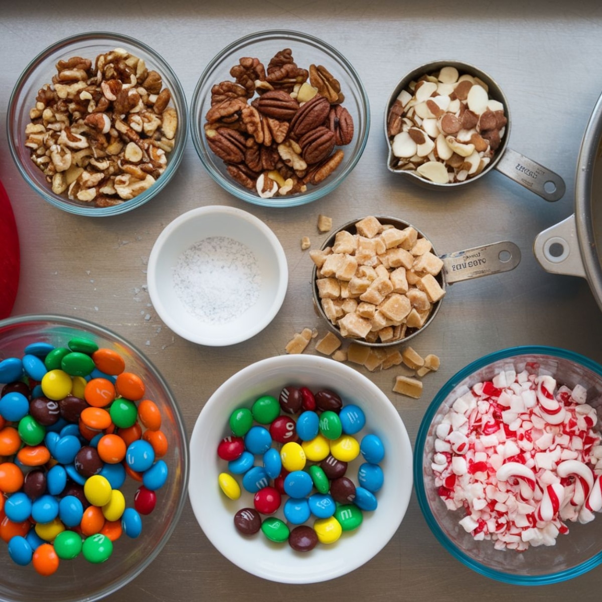 A variety of delicious mix-ins for a homemade brownie brittle recipe, including chopped nuts, white and milk chocolate chips, crushed peppermint, toffee bits, and colorful candy-coated chocolates. Perfect for creating a crunchy and flavorful brownie brittle treat.
