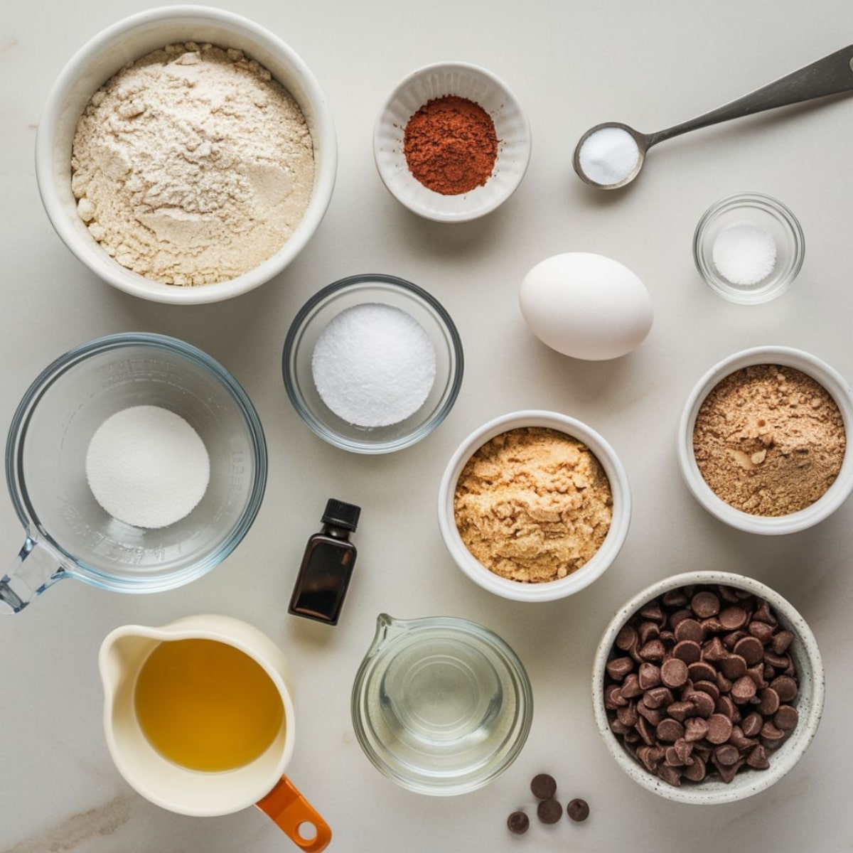 A top-down view of essential ingredients for a homemade brownie brittle recipe, including flour, cocoa powder, sugar, brown sugar, chocolate chips, vanilla extract, eggs, and oil. Perfect for making a crisp and chocolatey brownie brittle treat.