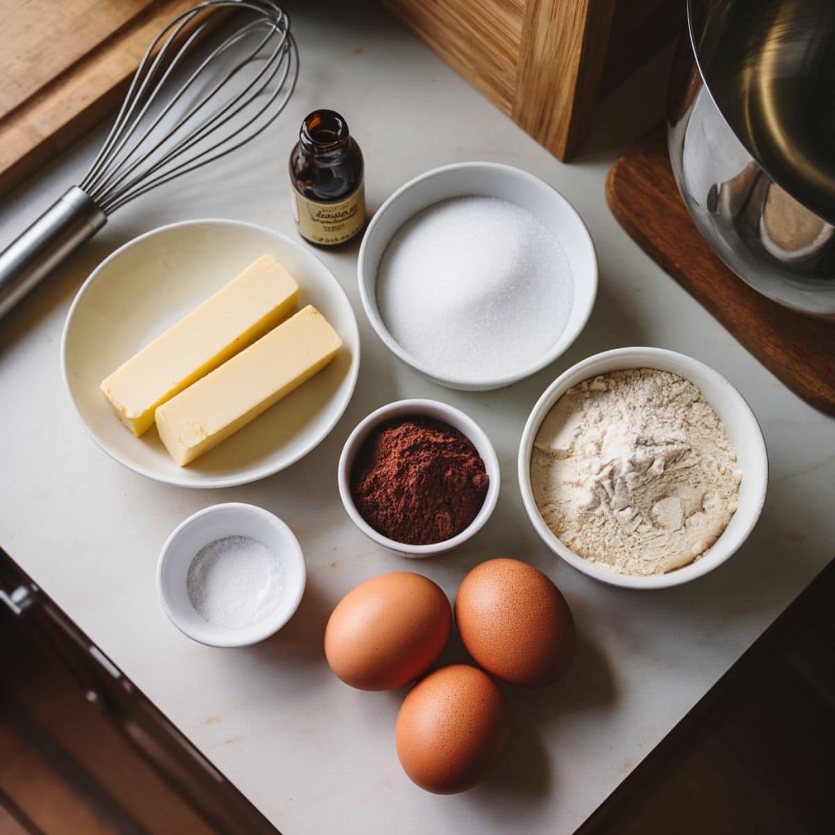 Buckeye Brownies Recipe ingredients laid out on a kitchen counter, including butter, sugar, eggs, cocoa powder, vanilla extract, flour, and salt. These essential ingredients form the rich and fudgy brownie base for this chocolate and peanut butter dessert.
