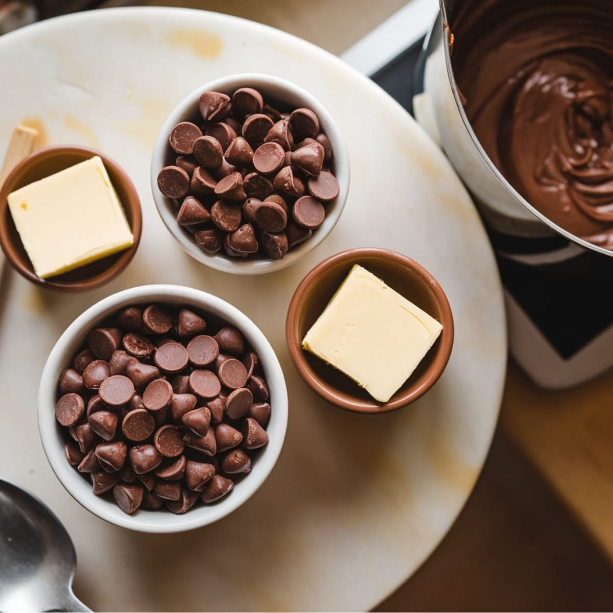 Buckeye Brownies Recipe ingredients for the chocolate topping, featuring chocolate chips and butter, melted into a smooth and glossy layer. This rich chocolate coating completes the perfect chocolate and peanut butter dessert.