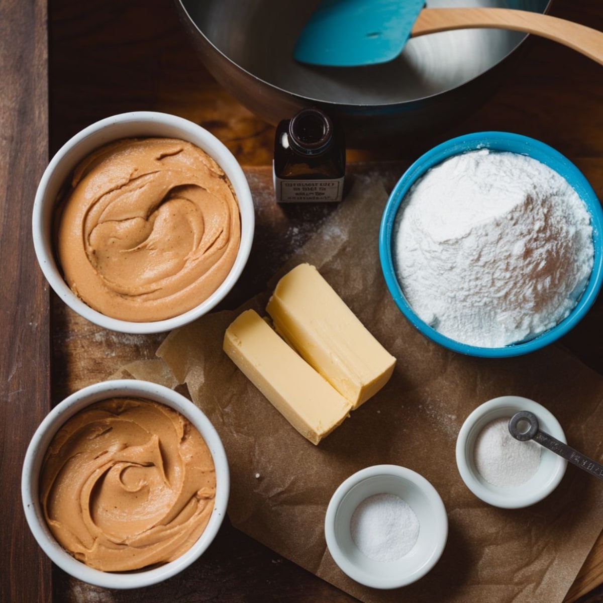 Buckeye Brownies Recipe ingredients for the peanut butter layer, including creamy peanut butter, butter, powdered sugar, vanilla extract, and salt. These key ingredients create a smooth and rich peanut butter filling for this chocolate and peanut butter dessert.