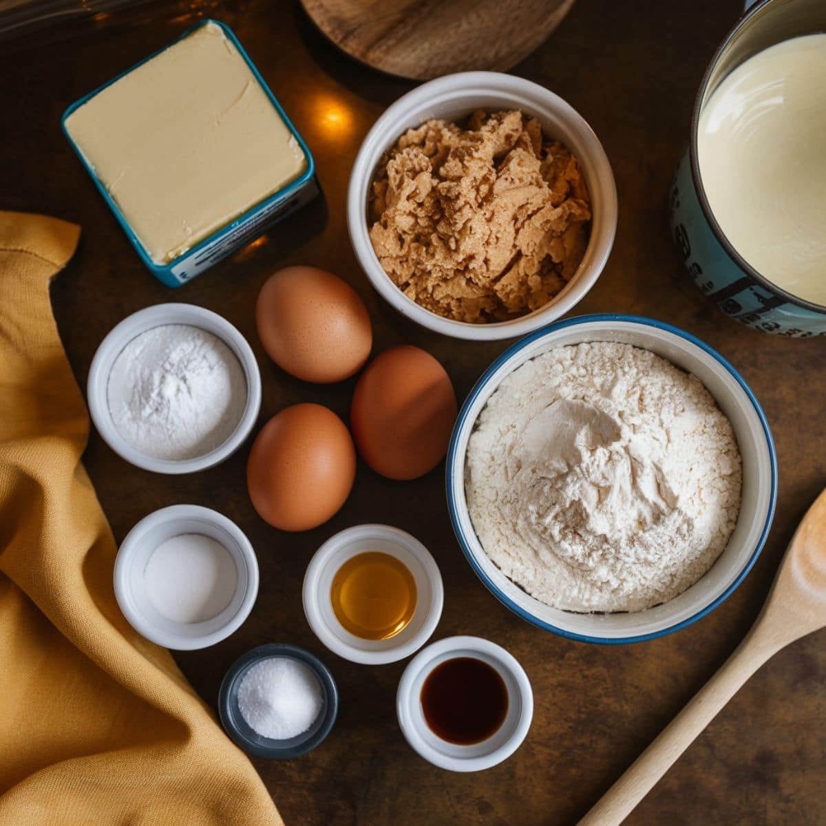 A flat lay of ingredients for a Butter Pecan Cookies Recipe, including flour, brown sugar, eggs, butter, vanilla extract, and baking essentials, arranged on a rustic kitchen counter. Perfect for baking soft, buttery, and nutty cookies.