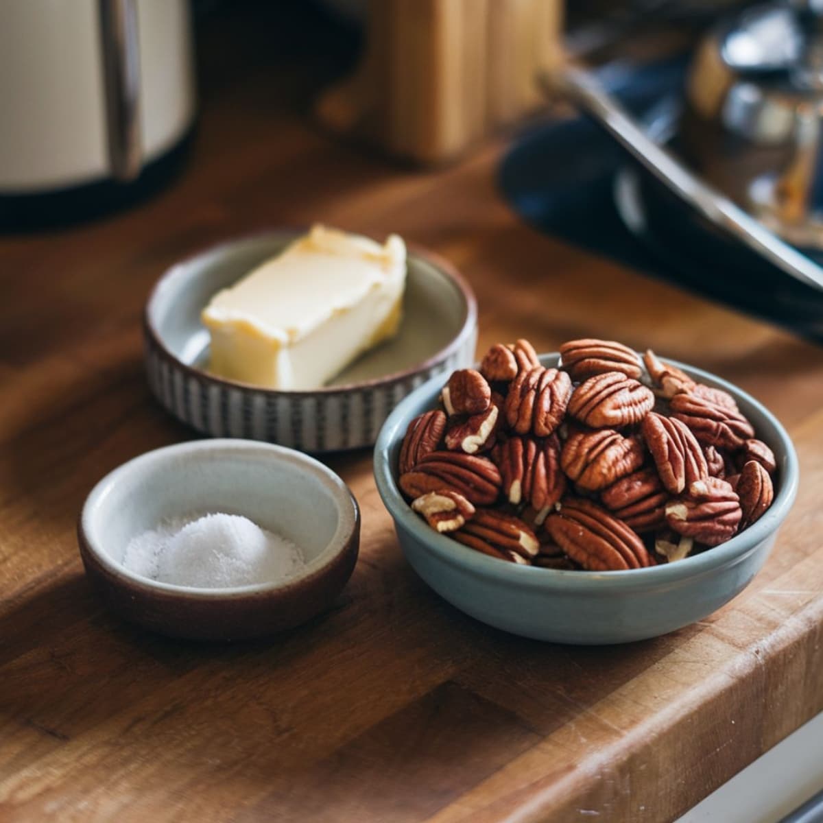 A cozy kitchen scene featuring key ingredients for a Butter Pecan Cookies Recipe, including a bowl of fresh pecans, a dish of butter, and a small bowl of salt on a rustic wooden countertop. Perfect for making rich, buttery, and nutty cookies.