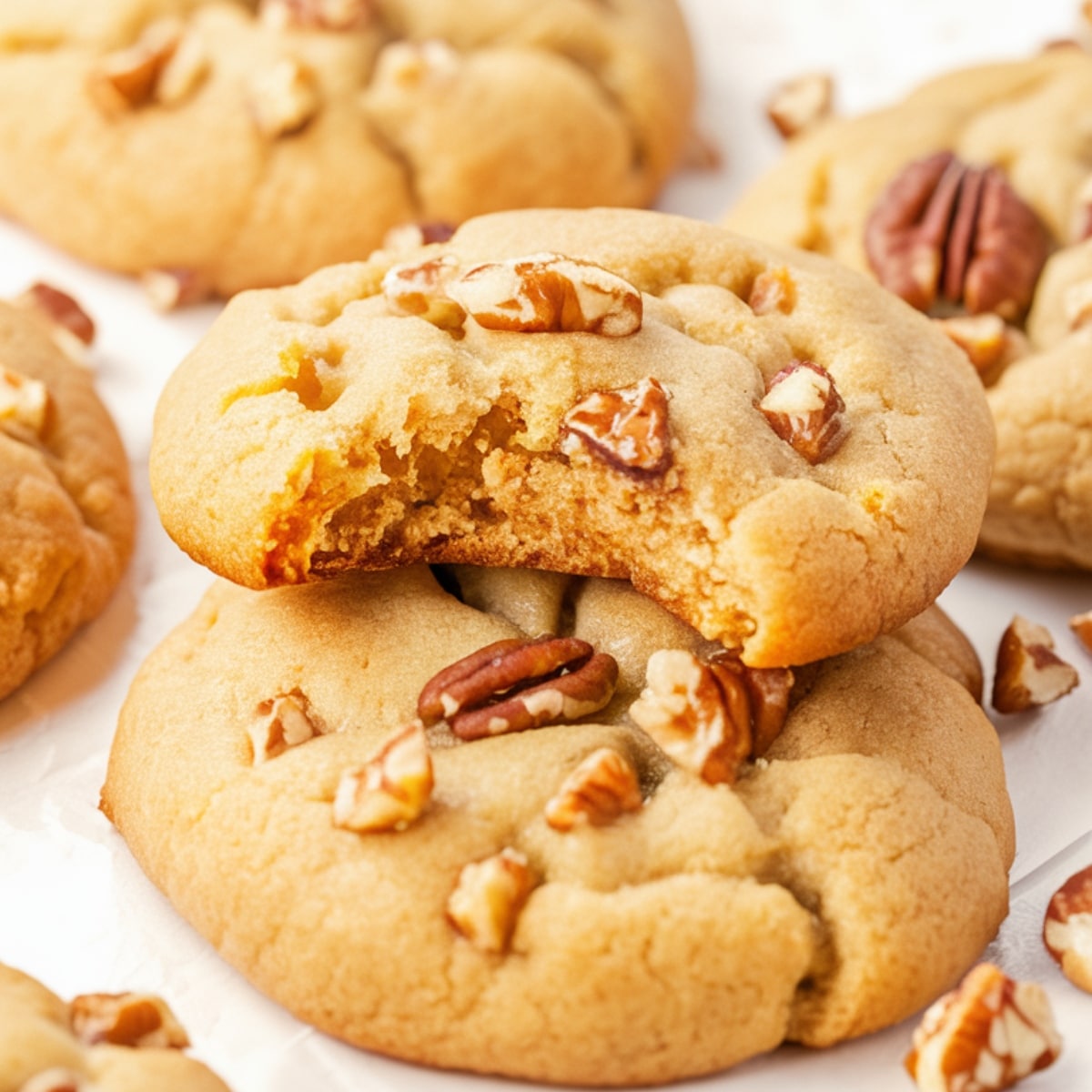 A close-up of freshly baked Butter Pecan Cookies Recipe, featuring a soft, golden texture with crunchy pecan pieces on top. One cookie has a bite taken out, showcasing its chewy, buttery inside. A perfect treat for pecan lovers!