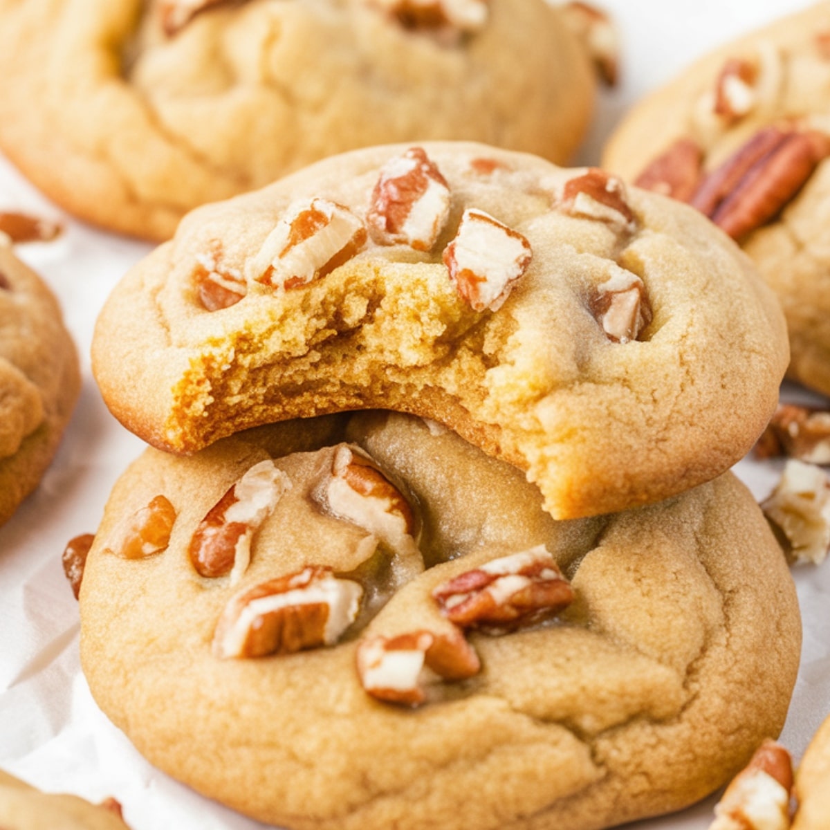 A close-up of Butter Pecan Cookies Recipe, freshly baked to a golden brown, with crunchy toasted pecan pieces on top. One cookie has a bite taken out, revealing its soft and chewy texture. A delicious homemade treat perfect for pecan lovers!
