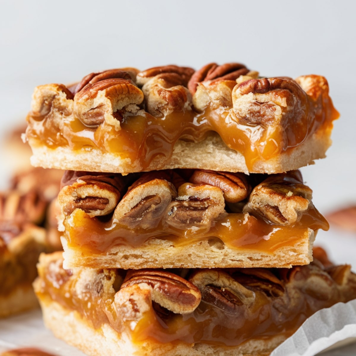 A close-up of gooey pecan pie bars, featuring a buttery shortbread crust, rich caramelized pecan filling, and crunchy toasted pecans. This pecan pie bars recipe delivers a perfect balance of sweetness and nuttiness, making it an irresistible dessert for any occasion.