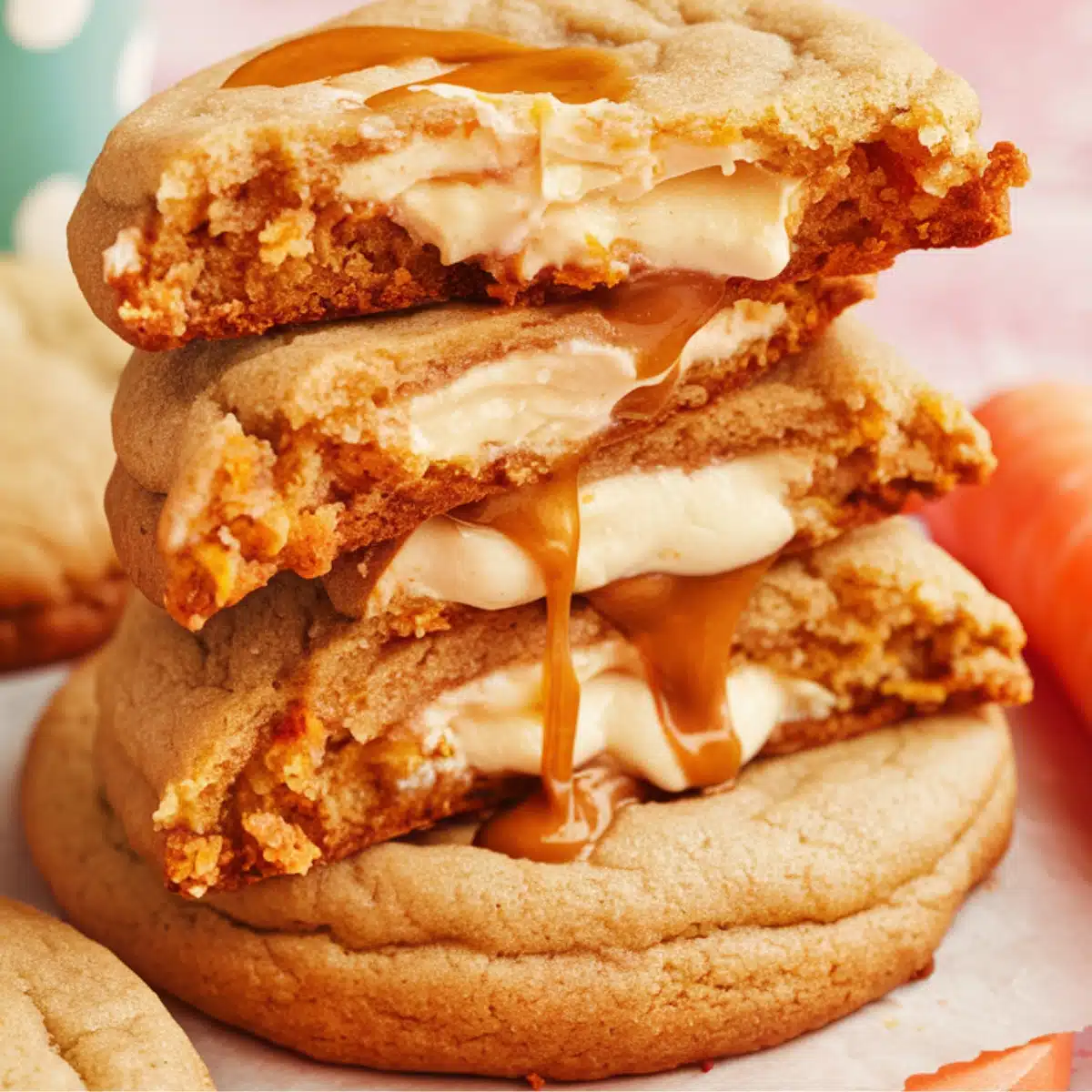 A stack of carrot cake cookies with a soft, chewy texture, filled with creamy cheese frosting and drizzled with gooey caramel. This indulgent Carrot Cake Cookies Recipe combines warm spices, shredded carrots, and a rich filling for the perfect dessert treat.