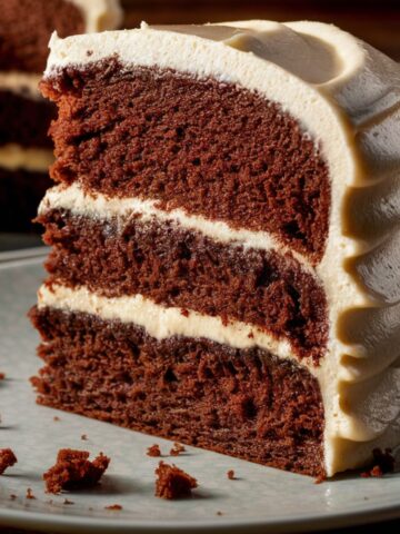 A rich and moist Chocolate Cake with Vanilla Frosting, featuring three layers of fluffy chocolate sponge filled with smooth, creamy vanilla frosting. The frosting is elegantly piped along the sides in delicate swirls, adding a decorative touch. Cake crumbs are scattered on the plate, emphasizing the tender texture of the cake. The warm lighting highlights the contrast between the dark chocolate cake and the light, velvety frosting, creating a visually appealing and indulgent dessert.