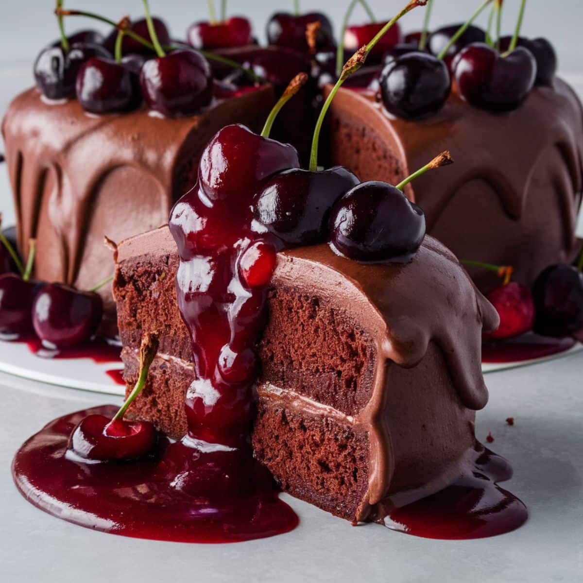 Decadent Chocolate Cherry Cake Recipe – A rich and moist chocolate layer cake with smooth chocolate frosting, topped with fresh cherries and luscious cherry sauce. Perfect for dessert lovers and special occasions.