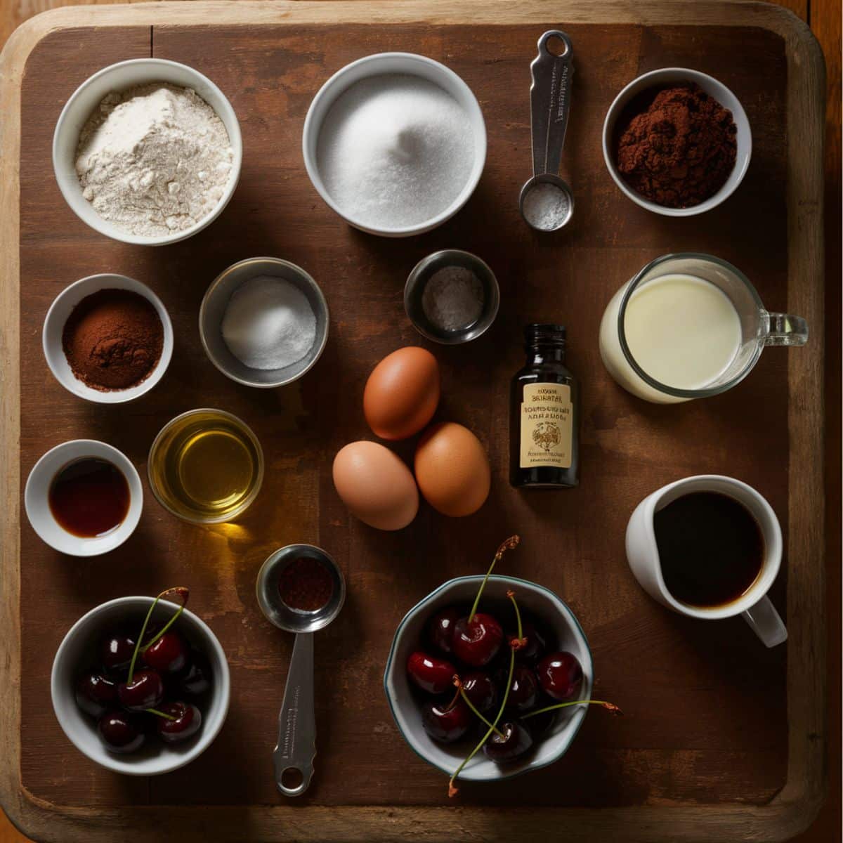 Essential ingredients for a Chocolate Cherry Cake Recipe – Flour, sugar, cocoa powder, eggs, vanilla extract, fresh cherries, coffee, milk, and baking essentials neatly arranged on a rustic wooden surface. Perfect for baking a rich and moist chocolate cake.