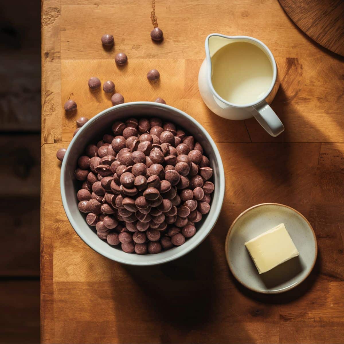 Chocolate ganache ingredients for a Chocolate Cherry Cake Recipe – A bowl of rich chocolate chips, fresh heavy cream in a small pitcher, and a pat of butter on a plate, arranged on a wooden surface. Perfect for a smooth and creamy chocolate frosting.
