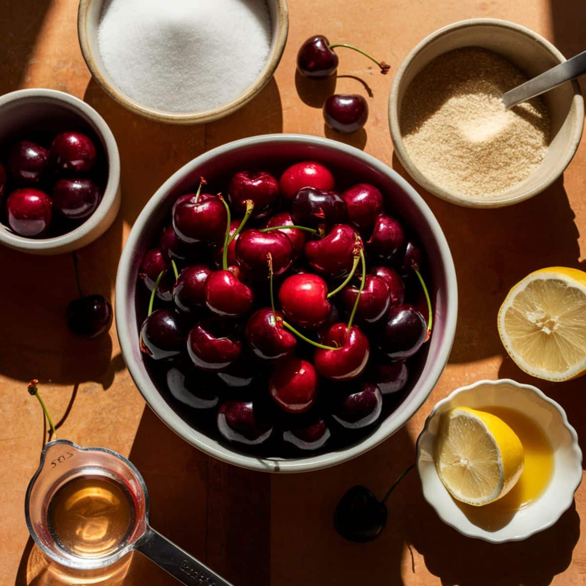 Fresh ingredients for a Chocolate Cherry Cake Recipe – A bowl of ripe cherries, granulated and brown sugar, fresh lemon halves, vanilla extract, and other baking essentials arranged on a rustic surface. Perfect for making a rich cherry filling.