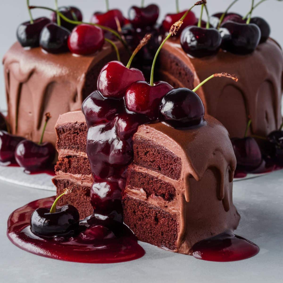 Indulgent Chocolate Cherry Cake Recipe – A moist chocolate layer cake covered in creamy chocolate frosting, drizzled with a rich cherry sauce, and topped with fresh cherries. A perfect dessert for chocolate and cherry lovers.