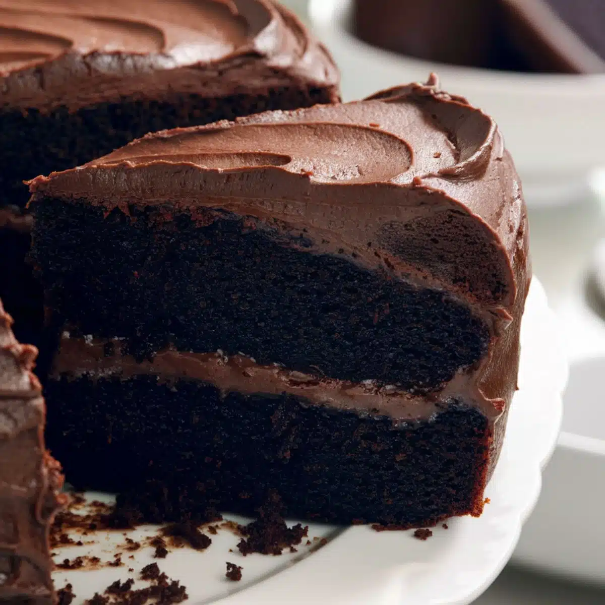 A rich and moist Chocolate Coffee Cake with two layers of deep, dark chocolate sponge, generously coated with a smooth and glossy coffee-infused chocolate frosting. The frosting slightly drips over the edges, adding to its indulgent look. A slice is cut out, revealing the soft texture inside, while cake crumbs scatter on a white plate. The background features blurred plates and a cozy setting, enhancing the homemade and decadent feel.