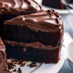 A rich and decadent Chocolate Coffee Cake with two layers of moist, dark chocolate sponge, filled and frosted with a creamy coffee-infused chocolate frosting. The smooth frosting is elegantly swirled on top, creating a luscious texture. A slice is cut out, revealing the dense and fudgy interior, with cake crumbs scattered on a white plate. The background features a blurred cozy setting, enhancing the indulgent, homemade feel.