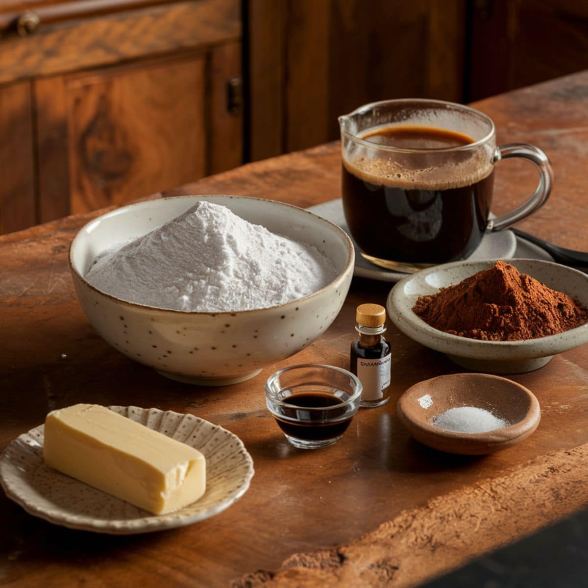 A rustic kitchen setting displaying key ingredients for Chocolate Coffee Cake frosting. The scene includes a bowl of powdered sugar, a plate with a stick of softened butter, a small dish of unsweetened cocoa powder, and a glass cup filled with strong brewed coffee. Vanilla extract and a pinch dish of salt are also placed on the wooden countertop, creating a warm and inviting baking atmosphere. The natural lighting enhances the rich textures and colors of the ingredients.