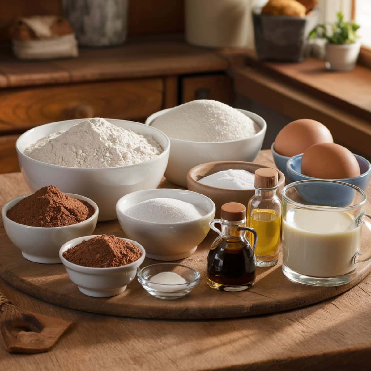 A beautifully arranged set of ingredients for Chocolate Coffee Cake on a rustic wooden kitchen counter. The display includes bowls of all-purpose flour, granulated sugar, and unsweetened cocoa powder, along with baking soda, baking powder, and salt. Two fresh eggs rest in a small dish, while glass bottles of vanilla extract and vegetable oil are placed nearby. A cup of whole milk sits next to the ingredients, ready to be used. The warm natural lighting enhances the cozy, homemade baking atmosphere.