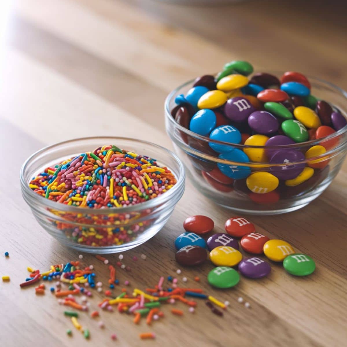 Vibrant toppings for a Cosmic Brownie Recipe, featuring rainbow sprinkles and colorful candy-coated chocolates. These fun and crunchy decorations add the perfect finishing touch to homemade fudgy brownies, making them visually appealing and irresistibly delicious!