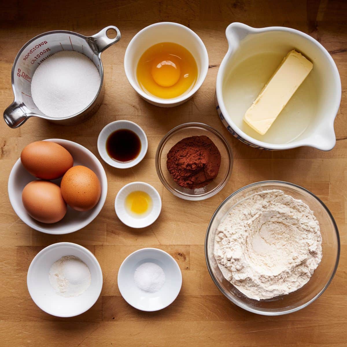 Essential ingredients for a Cosmic Brownie Recipe, including flour, cocoa powder, butter, sugar, eggs, vanilla extract, and baking essentials. This homemade brownie mix creates a rich, fudgy texture with deep chocolate flavor, perfect for baking delicious chewy brownies at home.