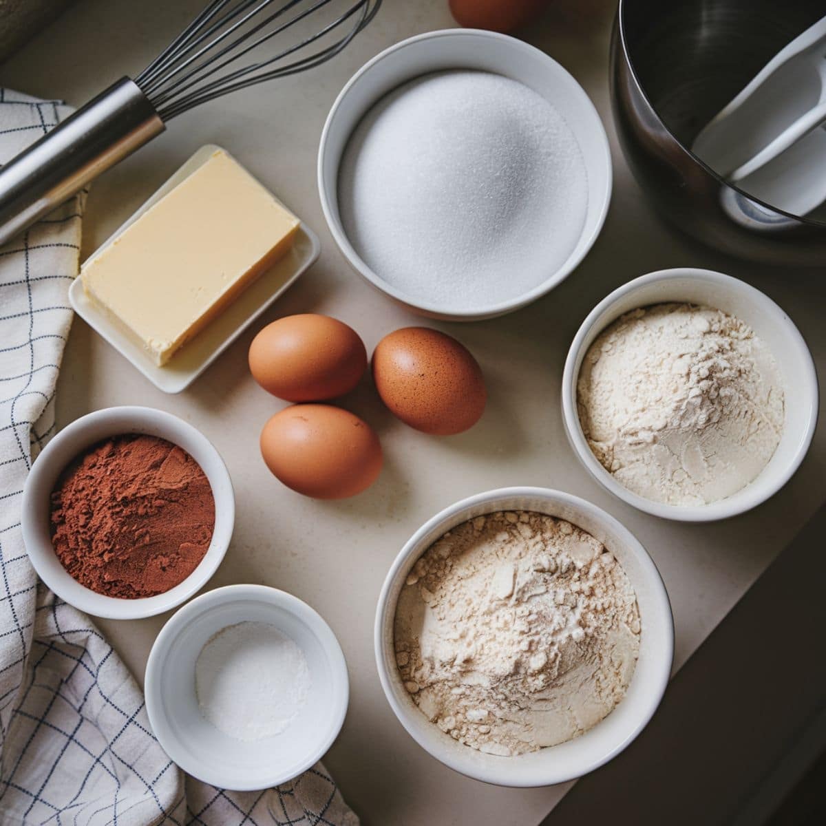 A flat lay of essential ingredients for a Cream Cheese Brownies Recipe, including flour, sugar, cocoa powder, eggs, butter, and baking powder, arranged on a kitchen countertop with a whisk and mixing bowl. Perfect for making rich, fudgy brownies with a creamy cheesecake swirl.