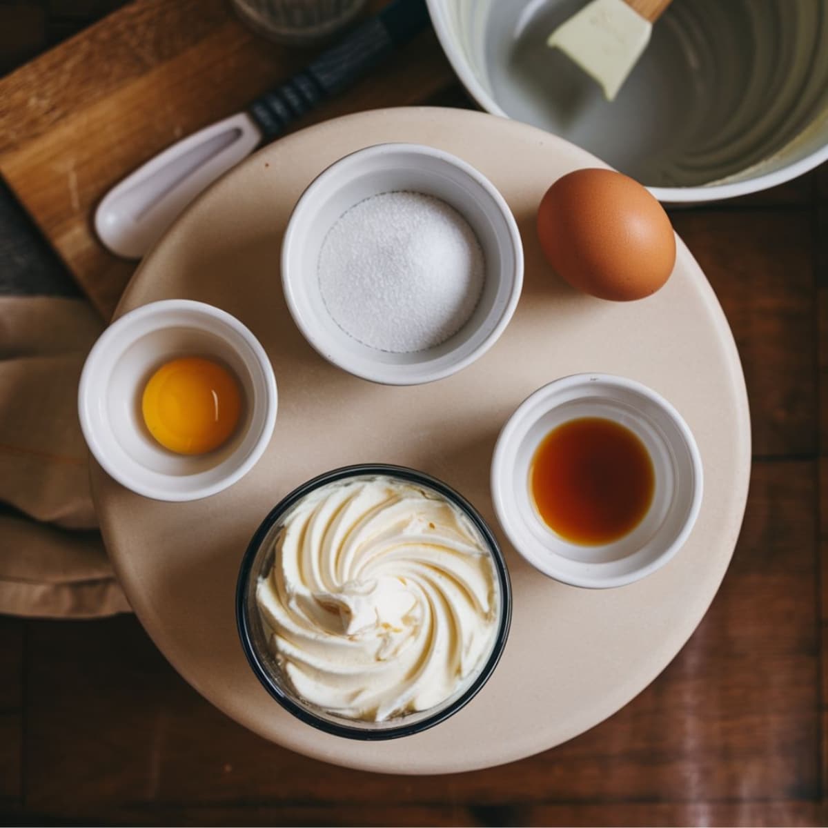A top-down view of key ingredients for the Cream Cheese Brownies Recipe, including cream cheese, sugar, vanilla extract, eggs, and a mixing bowl, arranged on a wooden surface. Perfect for creating a rich and creamy cheesecake swirl in fudgy brownies.
