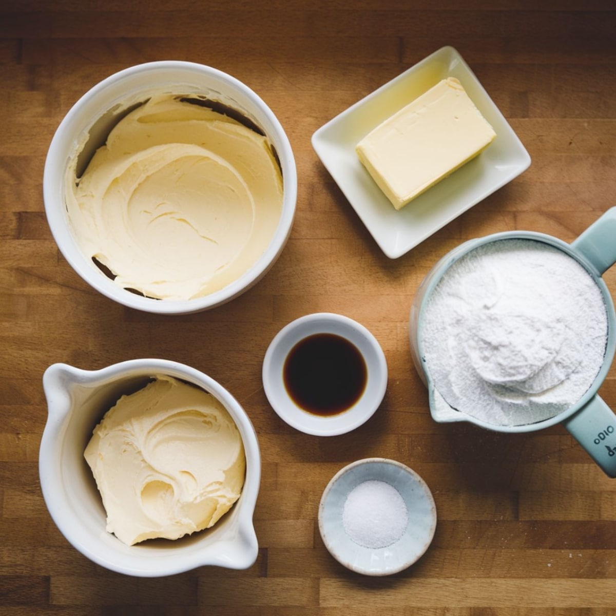 A top-down view of the creamy frosting ingredients for a Carrot Cake Cookies Recipe, featuring whipped cream cheese, butter, powdered sugar, vanilla extract, and a pinch of salt. This smooth and rich frosting is the perfect topping for soft and chewy carrot cake cookies.