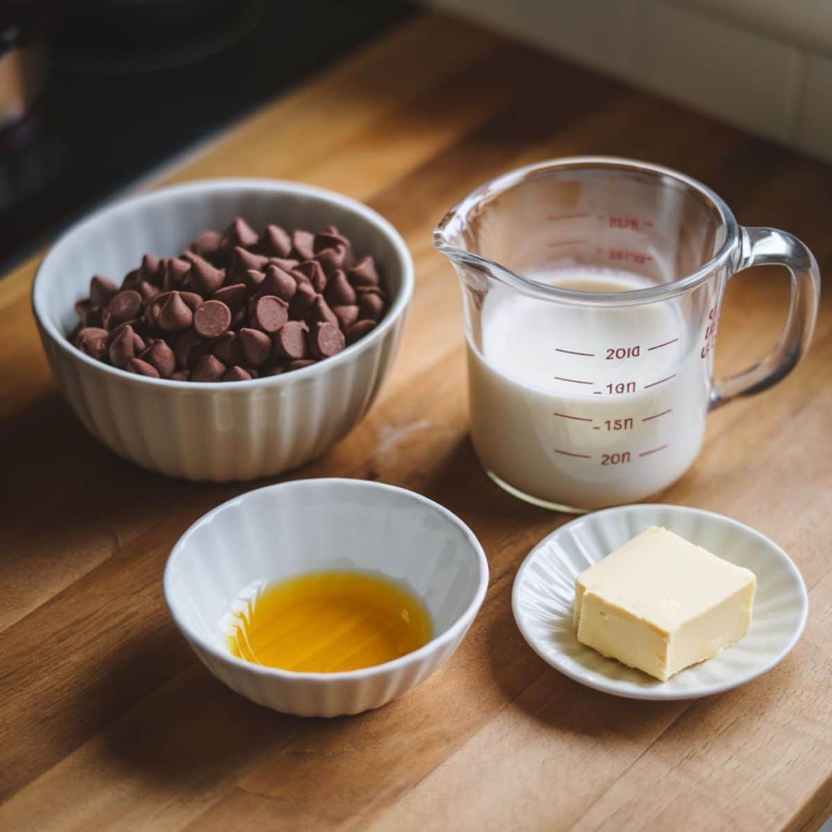 Ingredients for a rich and creamy chocolate ganache, including chocolate chips, heavy cream, butter, and vanilla extract—perfect for topping a Cosmic Brownie Recipe. This smooth and glossy chocolate frosting adds the ultimate indulgent touch to homemade fudgy brownies.